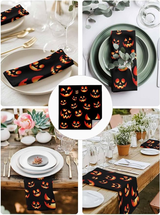 Halloween Cloth Napkins Set of 8 - Washable Dinner Napkins Reusable Table Napkins for Home Party Weeding Dining Table Setting Decoration,Black Orange Horro Skull Pumpkins Fall Holiday Oversized - Image 6