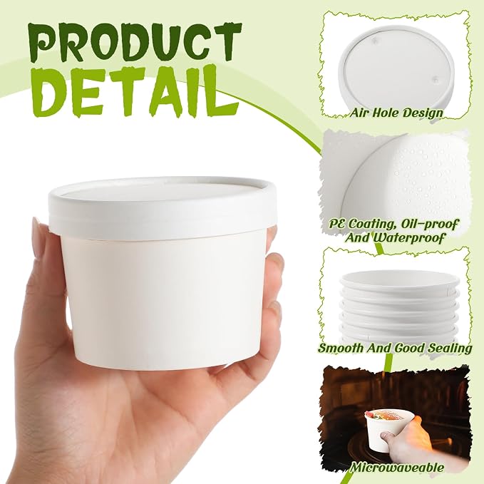 Fulmoon 100 Pack Paper Soup Containers with Lids Disposable Paper Food Containers with Vented Lid Kraft Ice Cream Cake Dessert Cups Soup Bowl for Party Hot Food Fruit Microwave(8 oz,White) - Image 3