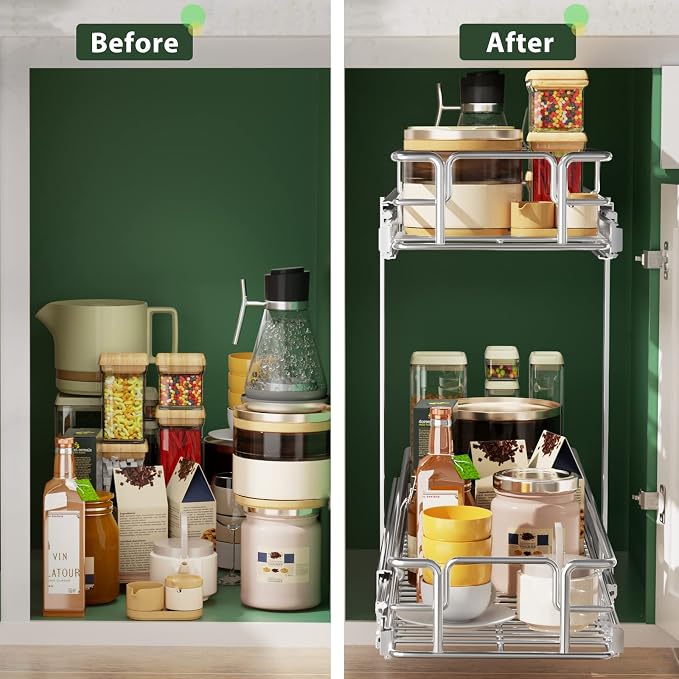 LOVMOR 2 Tier Individual Pull Out Cabinet Organizer 9" W x 21½" D, Slide Out Kitchen Cabinet Storage Sliding Shelves - Image 7