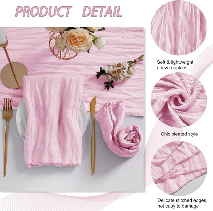LZY 30 Pack Gauze Cheesecloth Napkins 20x20 Inch Dinner Cloth Napkins, Soft Boho Table Napkins Rustic Wrinkled Cheese Cloth Napkins Bulk for Wedding Party Baby Shower Event Decor (Pink) - Image 4