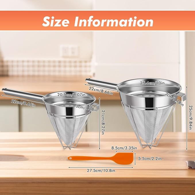 Nuogo 2 Set Stainless Steel Chinois Strainer Fine Mesh Metal Food Bouillon Sieve Strainer Cone Fine Mesh Strainer with Handle and Silicone Spatula for Sauce Jam Jelly Tea(10 Inch+8 Inch) - Image 2