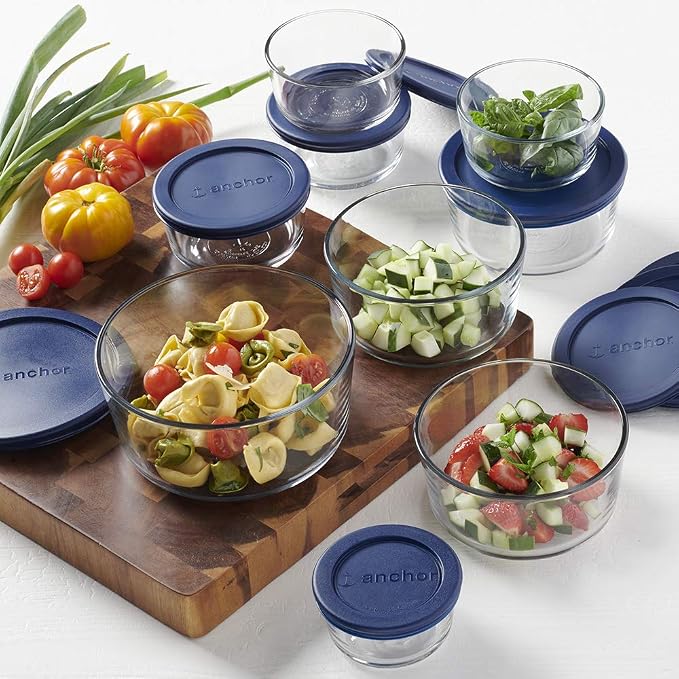 Anchor Hocking 18 Piece Glass Storage Containers with Lids (9 Glass Food Storage Containers & 9 Navy Blue SnugFit Lids) - Image 2