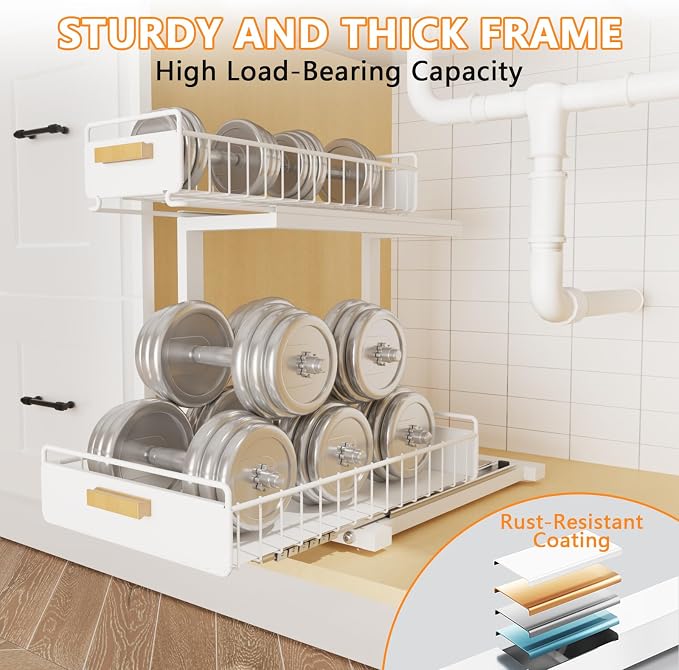 Under Sink Organizer 1 Pack Pull Out Cabinet Organizer with Ball Bearing Sliding Drawer 2 Tier Adjustable Storage Rack Heavy Duty for Kitchen Bathroom White - Image 6