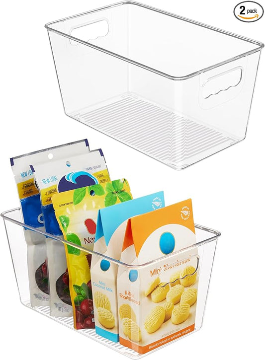 Vtopmart 2 Pack Clear Storage Bins, Pantry Cabinet Organizer Bins, Medium | Plastic Pantry Storage Bins with Handle, Storage Containers for Fridge, Cabinet, Kitchen, Countertops, Cupboard, Freezer by Vtopmart