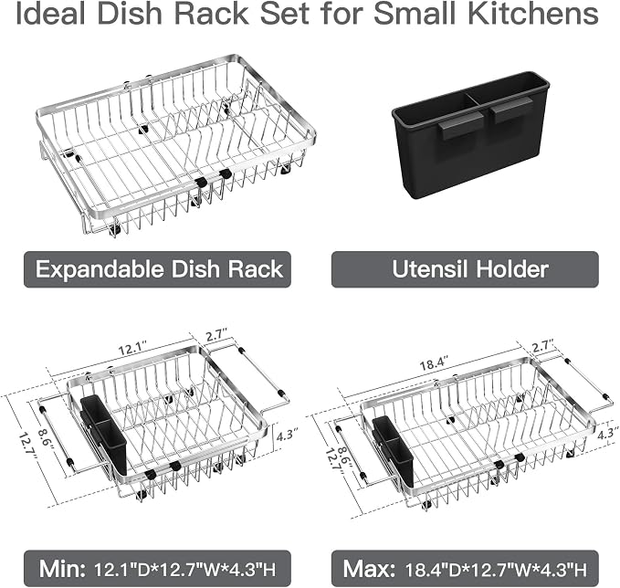 Dish Drying Rack Over The Sink with Utensil Holder | Expandable Stainless Steel Dish Drainer for Small Kitchen, Apartment, RV, Counter Space Saving, Perfect Fit, Rustproof - Image 9