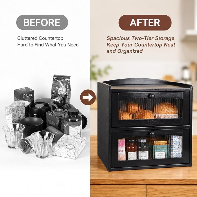 Large Wooden Bread Box for Kitchen Countertop, 2-Tier, Black | Clear Acrylic Window Spacious Bread Storage Farmhouse Style Pantry Organization For Homemade Bread and Bagels - Image 6
