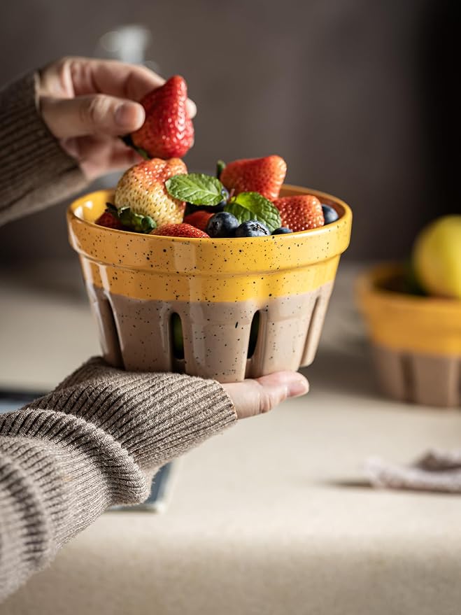 Gomakren Ceramic Berry Bowl Set of 2 Harvest Fruit Basket, Yellow + Brown | Drain Holes Keep Berries Fresh, Stackable, Wash & Serve | 5.8In Round Strawberry Grape Cherry Basket, Farmhouse Kitchen Decor - Image 5