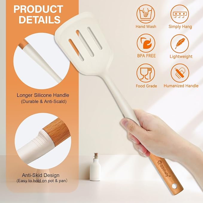 Large Silicone Kitchen Utensils Set with Holder, 25Pcs Cooking Utensil Set with Wooden Handle, Heat Resistant Spatula Sets for Cooking, BPA Free Silicone Utensils Set for Non-Stick Cookware(White) - Image 3