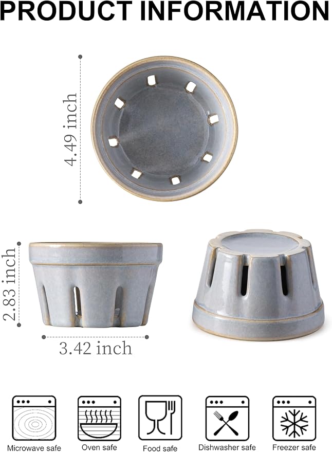 Gomakren Ceramic Berry Basket Set of 2, Small Fruit Bowl Colanders, Gray | Drain Holes Keep Berries Fresh, Stackable, Wash & Serve, Round Strawberry Basket for Fridge Kitchen Counter, Lovely Home Gift - Image 2