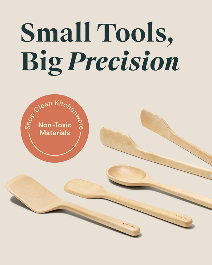 Caraway 4-Piece Mini Wooden Kitchen Utensils Set for Cooking | Serving, and Plating, Spoon, Scraper, Spatula, and Tongs - Image 2