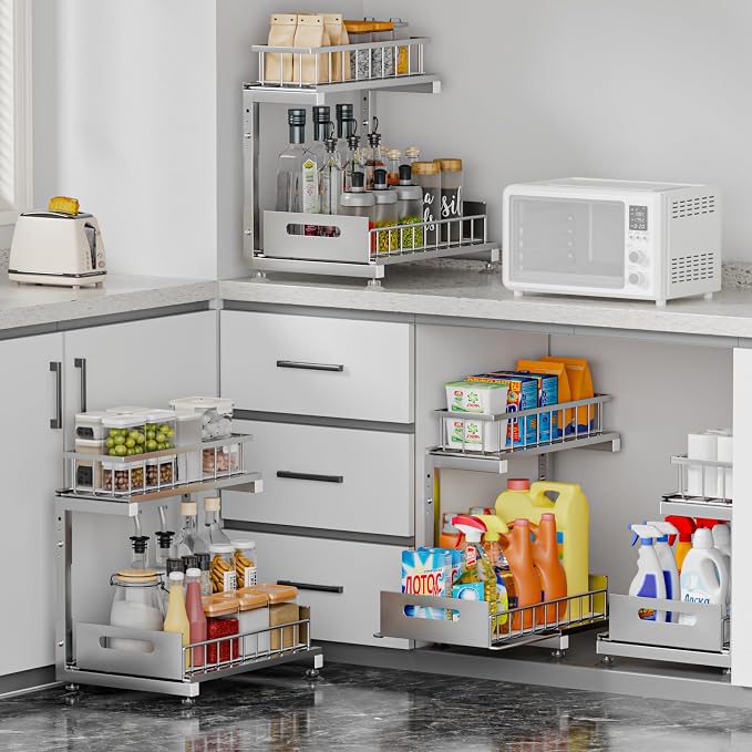 L-Shaped Under Sink Organizer, 2-Tier Pull-out Cabinet Rack 1-Pack | Grey Height-Adjustable Metal Rack, Sliding Grid Drawers with Safety Stopper, Holds 100 Lbs, Ideal Kitchen Cabinet Storage - Image 3