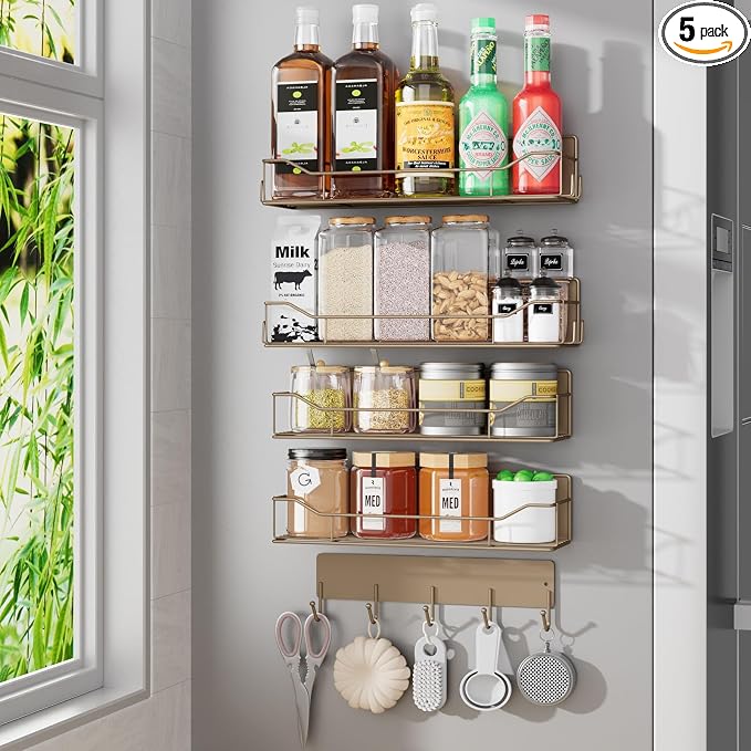 Magnetic Spice Rack for Refrigerator, 5 Pack Metal Strong Magnet Spice Organizer Shelves with Hook Rack, Space Saving Magnetic Fridge Shelf for Home Kitchen Organization and Storage (Brown) by IYEBAU