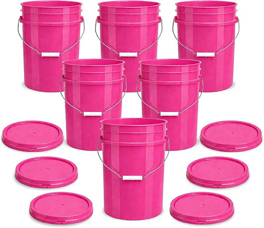 5 Gallon Bucket - Food Grade Bucket with Airtight Gasketed Tear Strip Lid, BPA-Free, Heavy-Duty 90 Mil HDPE Plastic Pail, Bulk Storage, Durable Container, Made in USA - Pink, 6 Packs | Airtight Gasketed Tear Strip Lid, Heavy-Duty 90 Mil HDPE Plastic Pa... by ePackageSupply
