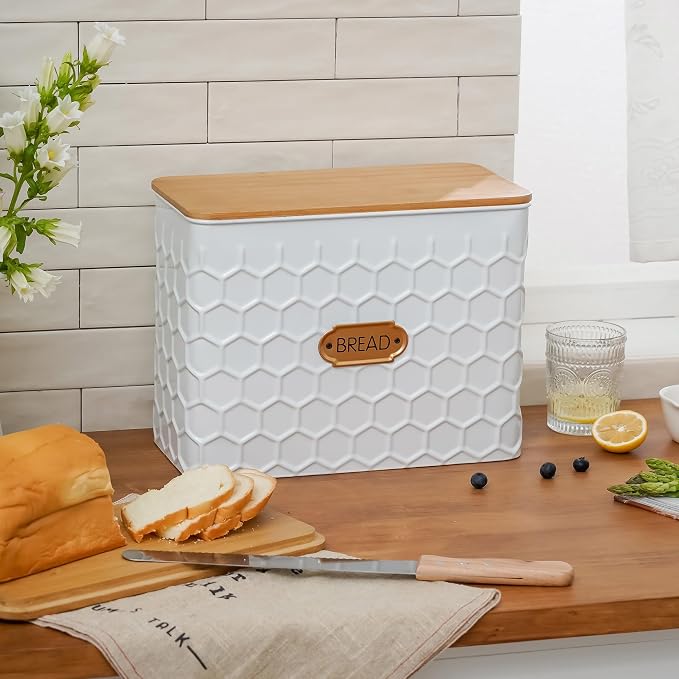 Extra Large Honeycomb Embossed Bread Box with Bamboo Lid | Corner Breadbox for Homemade Bread, White Metal Bread Storage Container Bin for Kitchen Countertop, Fits 2 Loaves of Bread - Image 3