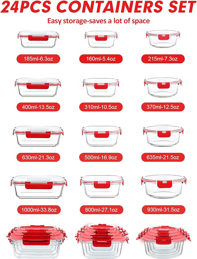 VERONES 12 Packs Glass Food Storage Containers Set with Lids, Red | Airtight Glass Lunch Containers, Glass Meal Prep Containers with Lids, for Microwave, Oven, Freezer & Dishwasher Friendly - Image 2