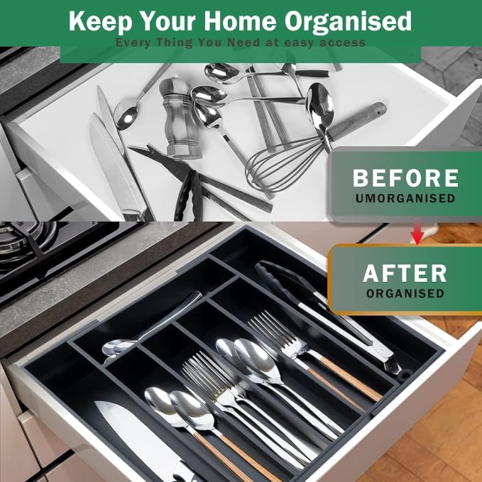 MASS DYNAMIC Cutlery Drawer Organiser, Expandable Bamboo Cutlery Tray for Kitchen Utensil, Adjustable Silverware and Flatware Holder, 7 Slots Storage for Spoons Forks Knives (Black) - Image 4