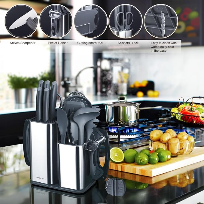 Kitchen Set,18-Piece Cooking Utensils and Kitchen Knife Set,Gray | 7-Piece Kitchen Utensils Heat-resistant to 410°F,5-Piece Sharp Knife,5-Piece Cooking Tools and Cutting Board In One - Image 7