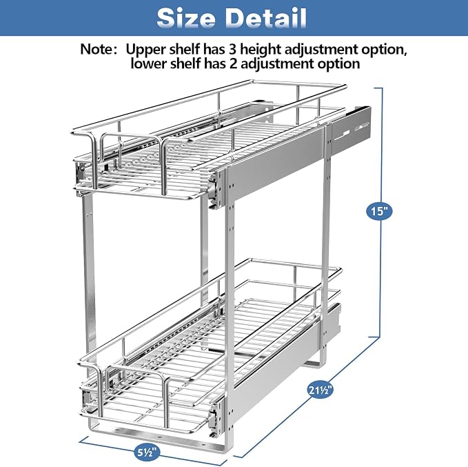 LOVMOR 2 Tier 5½" W x 21½" D, Individual Pull Organizer Kitchen Cabinet Storage Sliding Shelves - Image 3