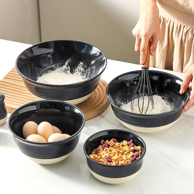 HASENSE Nesting Ceramic Mixing Bowls Set of 4, 2.5/1.5/1.0/0.5 Qt Black & Beige Stoneware Bowls, Farmhouse Bowls for Cooking, Baking, Fruit & Holiday Serving, Dishwasher & Microwave Safe - Image 7