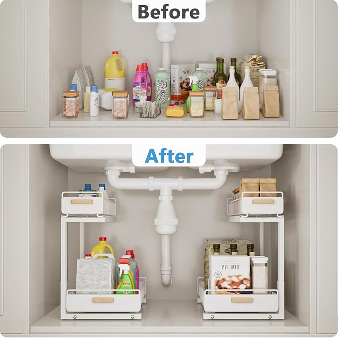 Under Sink Organizer Kitchen - Upgraded Professional Rails, 2 Tier Dual Pull Out Cabinet Storage, Height Adjustable Under Sink Storage, Metal Sliding Drawer for Kitchen & Bathroom, White, 1 Pack - Image 4