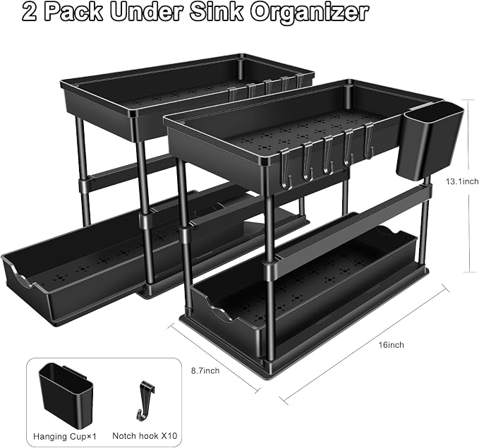 JPart Under Sink Organizer, Kitchen Organizers and Storage, 2-Tier Bathroom Cabinet Organizer with Sliding Drawers, Thickened Construction with Hooks Hanging Cup for Kitchen & Bathroom, 2 Pack - Image 6