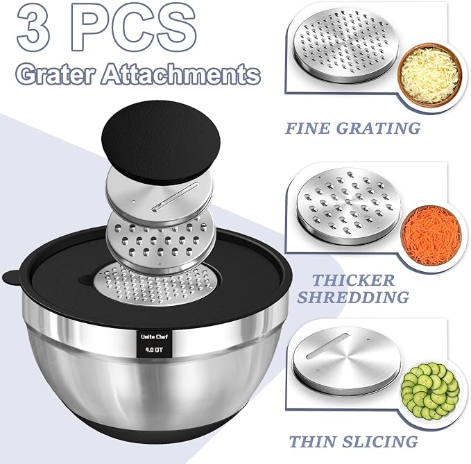 Umite Chef Mixing Bowls with Airtight Lids Set, 8PCS Stainless Steel Nesting Bowls Set, 3 Grater Attachments & Non-Slip Bottoms, Size 5, 4, 3.5, 2, 1.5QT for Baking & Mixing(Black) - Image 3