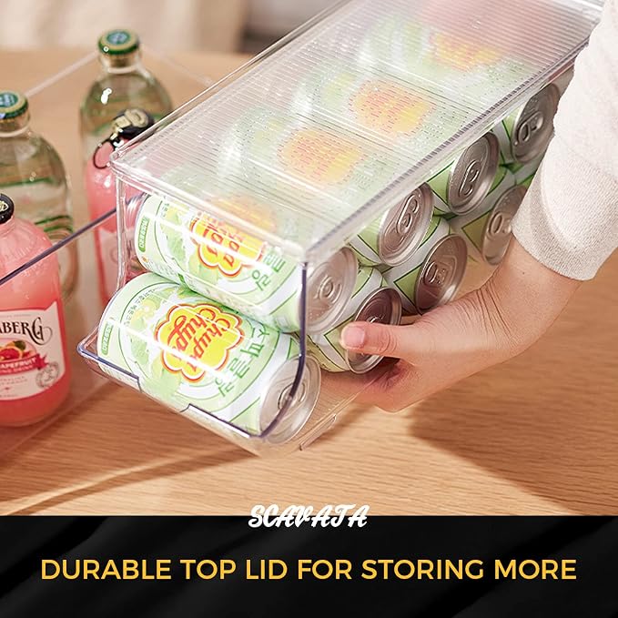 SCAVATA 4 Pack Soda Can Organizer for Refrigerator, Stackable Canned Food Pop Cans Container Can Holder Dispenser with Lid for Fridge Rack Freezer, Clear Storage Bins-Holds 12 Cans Each (Transparent) - Image 8