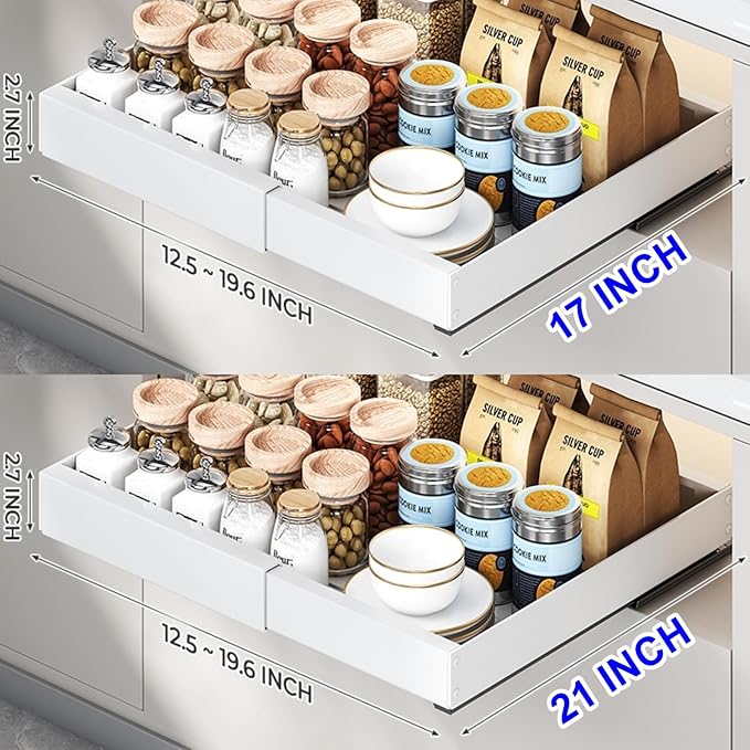 1pack Pull Out Under Sink Organizer – Expandable Sliding Cabinet Shelf for Kitchen, Bathroom, Pantry – Heavy Duty Metal Storage Rack for Cleaning Supplies and Bottles (White, 12.5-19.6 x 17 Inch) - Image 3