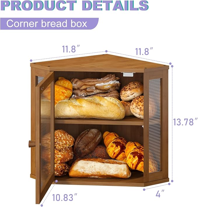 Corner Bread box for Kitchen Countertop,Farmhouse Bread Box with Acrylic Wavy Door Panel,Large Bread box for kitchen countertop,Kitchen Countertop Food Storage Container (Brown, Meduim) - Image 2