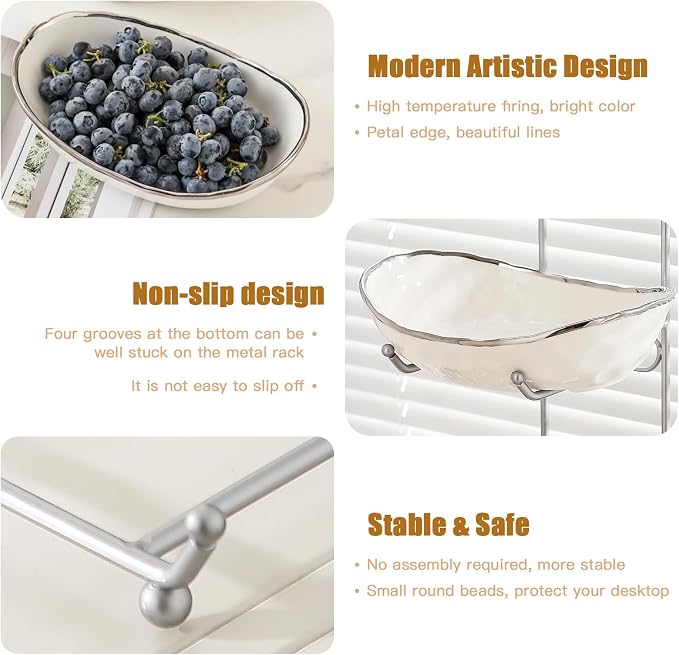 2 Tier Fruit Bowl, Ceramic Fruit Basket for Kitchen Counter | Fruit Holder for Kitchen, with Metal Stand, No Installation Required, Save Space, Easy to Clean, Modern, Silver-rimmed, Small - Image 4