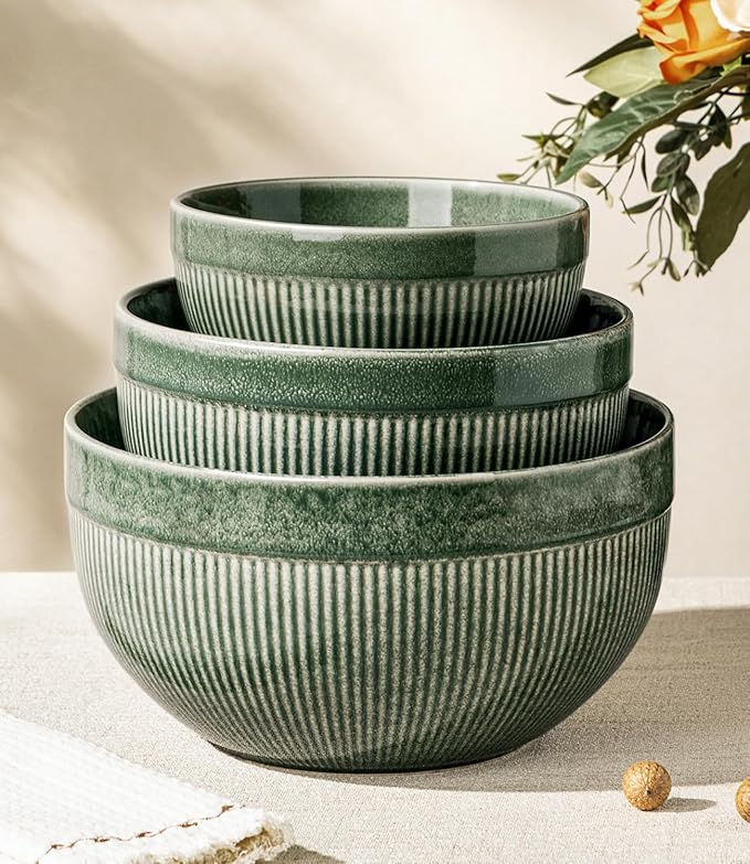 GBhome Ceramic Mixing Bowls Set of 3, Stoneware Nesting Serving Bowls, | 45/90/150 oz For Prep, Baking, Serving, Gift, Microwave and Dishwasher Safe, Ribbed Dishware Collection,Dark Green by GBhome