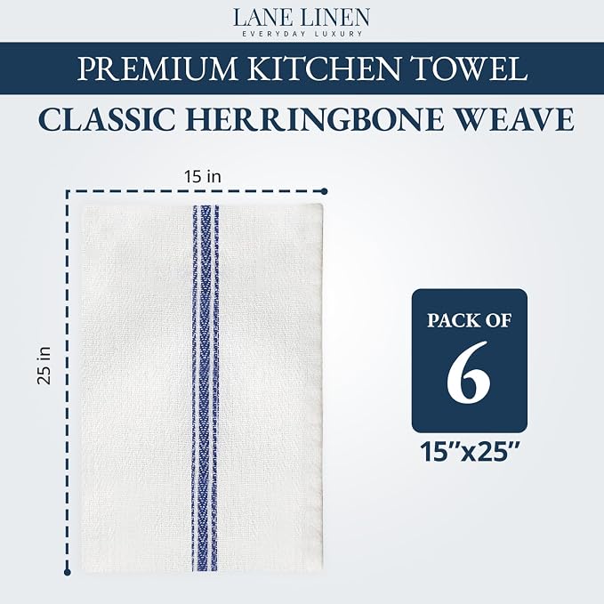 LANE LINEN Kitchen Towels, 6 Pack 14"x25" Dish Drying Towels, 100% Cotton Tea Towel with Hanging Loop, Reusable Napkin, Durable After Multiple Washes, Soft & Absorbent - Blue Stripe - Image 2