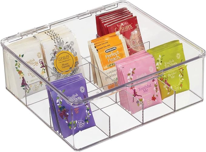 mDesign Plastic Kitchen Organiser — Practical Storage Box with 12 Compartments and Hinged Lid — Pantry Storage Box with Lid for Tea, Coffee, Spices and Other Foodstuffs — Clear by mDesign