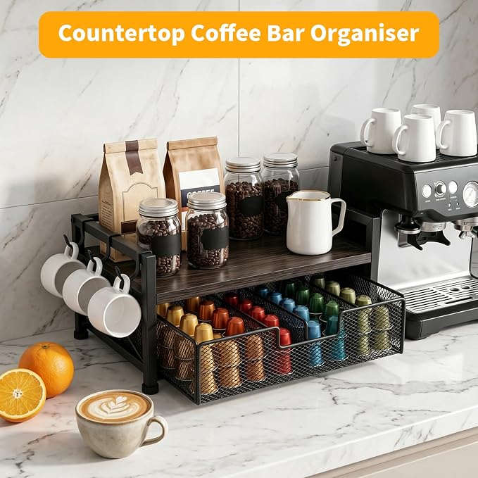 Tea Bag Organizer,Coffee Bar Organizer,Teabag Holder & Coffee Station with Storage Drawer,Wood Tea Station Chest Display Container Box for Countertop Kitchen (Grey) - Image 5