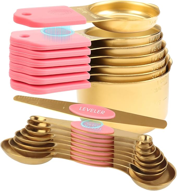 16-Piece Magnetic Measuring Cups & Spoons Set, Stainless Steel, Pink & Gold | 7 Silicone-Grip Cups, 8 Metal Spoons, 1 Leveler, US and Metric Marks for Dry & Liquid Ingredients, Kitchen Essentials Gadgets by FONYA