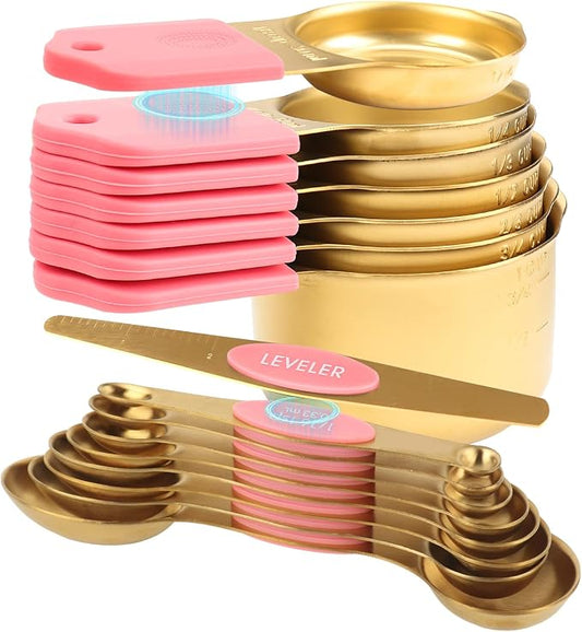 16-Piece Magnetic Measuring Cups & Spoons Set, Stainless Steel, Pink & Gold | 7 Silicone-Grip Cups, 8 Metal Spoons, 1 Leveler, US and Metric Marks for Dry & Liquid Ingredients, Kitchen Essentials Gadgets by FONYA