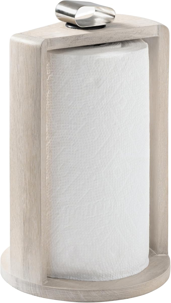 Anji Mountain Wooden Paper Towel Holder with Metal Holder, Holder Stand for Kitchen Roll Organizer & Kitchen Dining Table Home Décor, Countertop Fits Jumbo & Mega Rolls - Whitewash/Nickel, Top Load - Image 2
