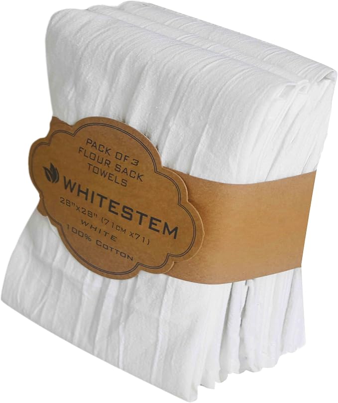Flour Sack Tea Towel for Crafts | Kitchen Dish Cotton Blank Towel for Embroidery | Baking Bread Proofing Linen Cover | Thick Absorbent Quick Dry | 3 Pack 28"x28" White by WHITESTEM