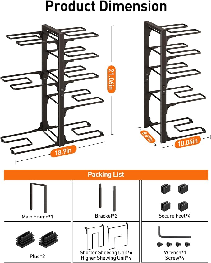 Pots and Pans Organizer Under Cabinet 20.8" 8-Tier Adjustable Bronze | 2 DIY Modes, Tool-Free Assembly, Max 120 Lbs, Fits Large Stockpots, Cast Iron Pans & Heavy Cookware, For Kitchen Cabinets - Image 3