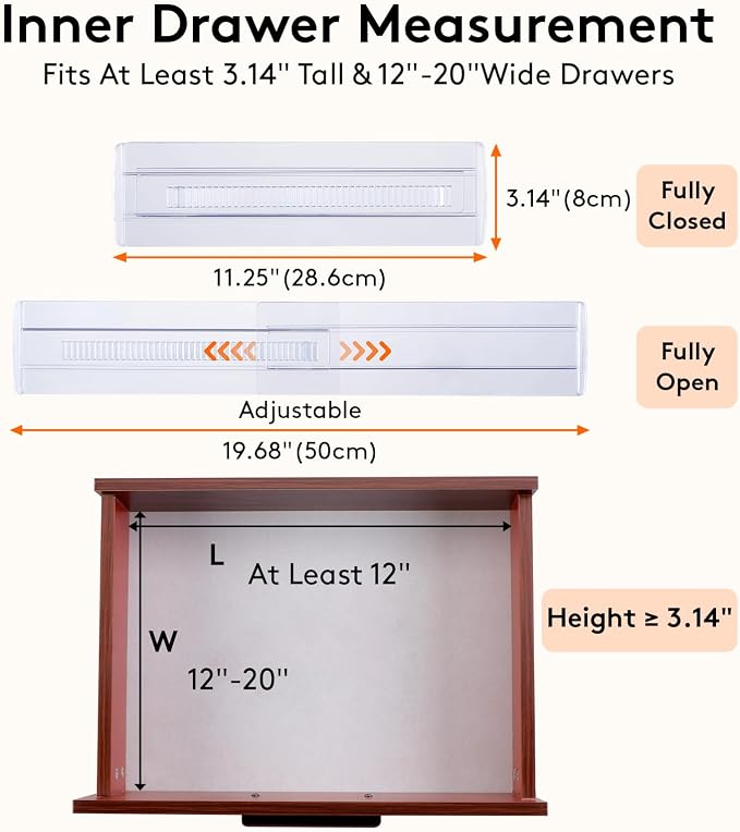 8 Pack Drawer Dividers, 3.2" High Expandable from 11.2-20" Adjustable Drawer Organisers,Clear Plastic Drawers Separators for Clothing, Kitchen Utensils and Office Storage - Image 2