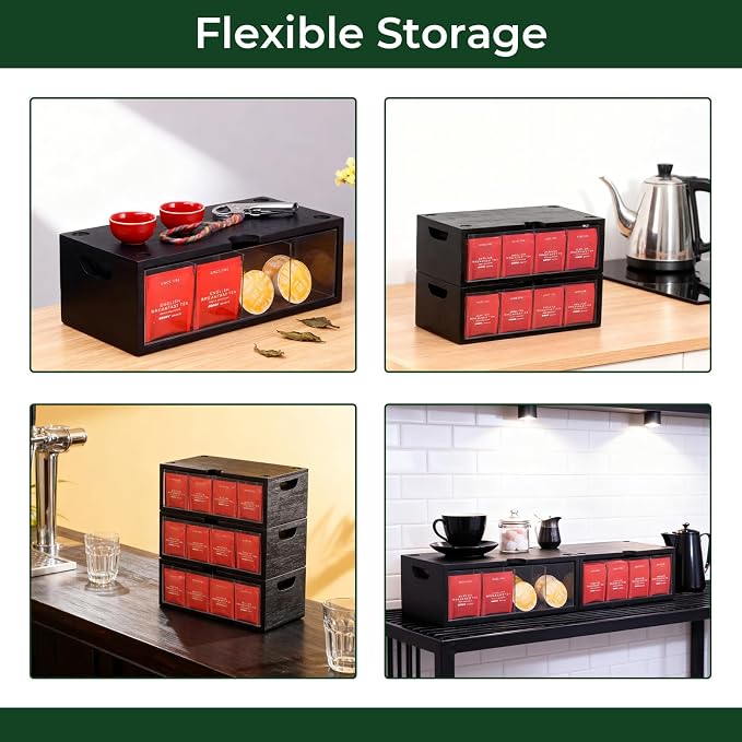 Bamboo Stackable Tea Bag Organizer - 2-Piece Large Capacity Box Set | 2-piece stackable tea box set with large capacity. Eco-friendly bamboo organizers to neatly store tea bags and sugar packets - Image 7