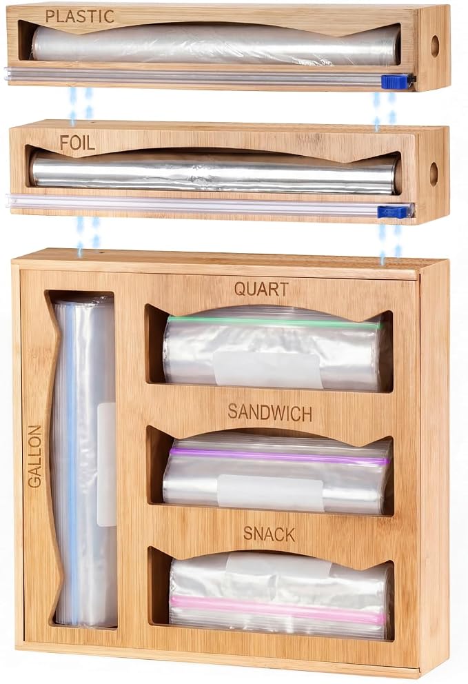 6-in-1 Bamboo Kitchen Drawer Organizer for Storage Bag, Foil & Plastic Wrap by Pollilar