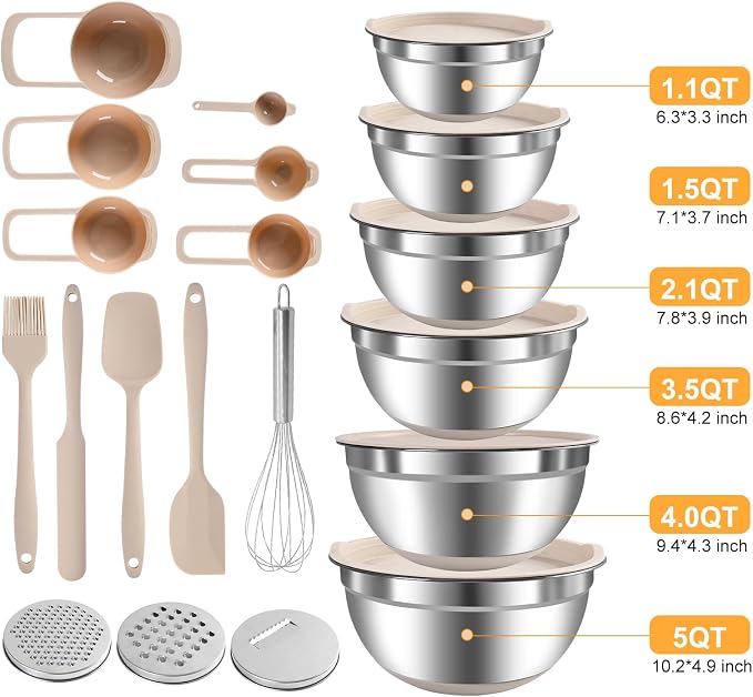 Mixing Bowls with Airtight Lids Set, 20 PCS Kitchen Gadgets Set, 6 Stainless Steel Bowls,3 Grater Attachments,Non-Slip Silicone Bottoms,Great for Serving&Baking,Size 5, 4, 3.5, 2.1, 1.5, 1.1QT (Khaki) - Image 2