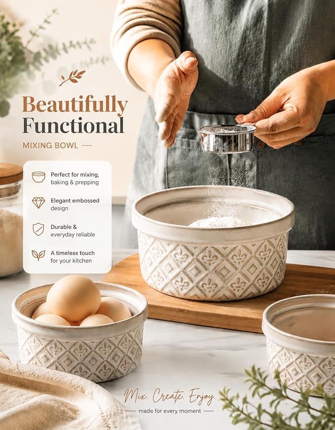 Airtight Food Storage Containers with Lids Mixing Bowls Set, Ceramic Serving Bowls with Lids Set of 4, 12/16/28/40 oz Stackable Nesting Salad Bowls for Cooking, Baking, Ramen - Beige - Image 2
