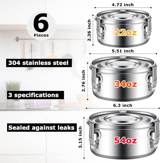 Zopeal 6- Piece Stainless Steel Food Storage Containers with Lids Leakproof Metal Lunch Boxes Stackable Reusable Canisters for Camping Trips Picnic Snacks Salad Soups, 3 Sizes(22oz, 34oz, 54oz) - Image 2