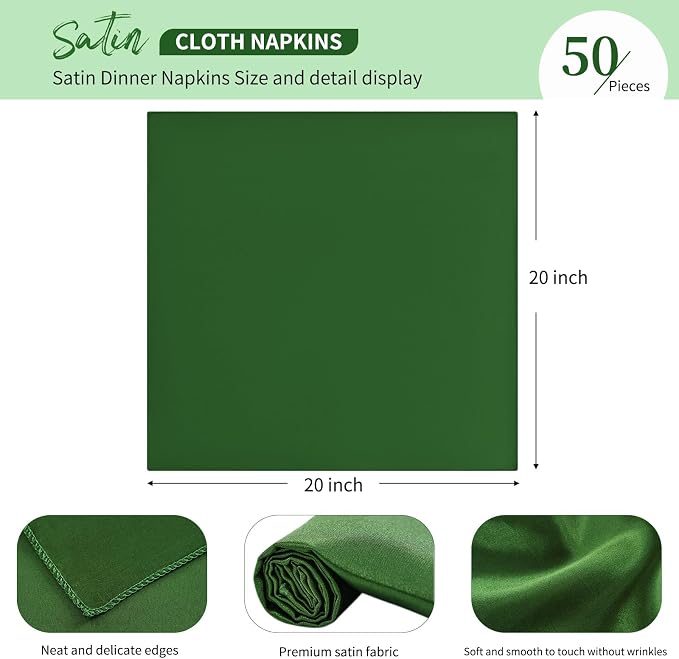 50 PCS Green Square Satin Cloth Napkins, 20 X 20 Inch | Soft Smooth, Washable Reusable, Silk Dinner Table Napkins Bulk, for Weddings Parties Banquets Dining and Restaurants - Image 3