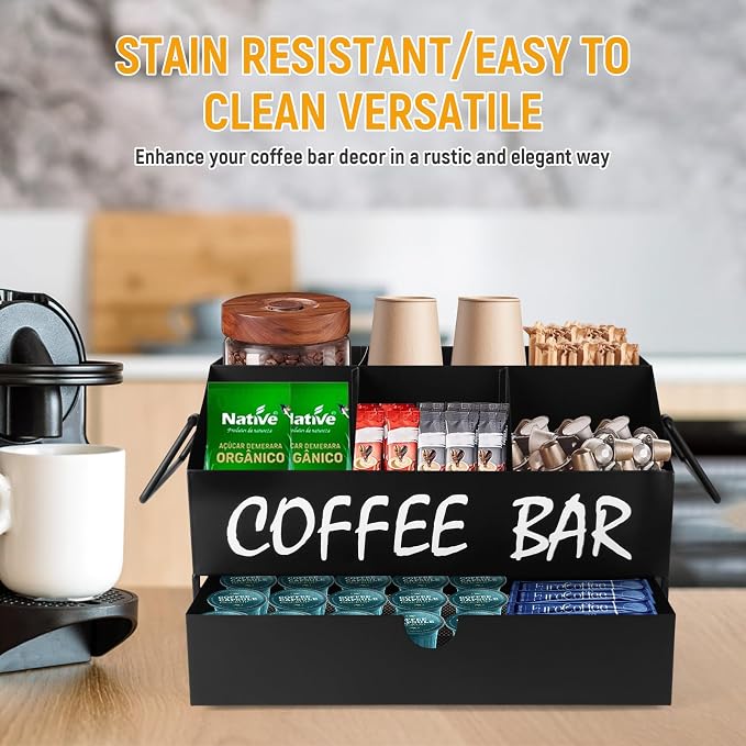 Coffee Bar Accessories Organizer - Metal Countertop Coffee Station with Drawer, Pod Holder & Condiment Organizer (Black) ﻿ - Image 4