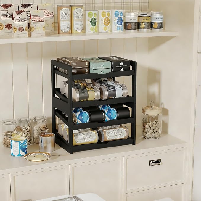 BAMBANG Can Organizer for Pantry, Detachable Bamboo 4 Tier Stackable Can Food Storage Rack, Rolling Soda Can Dispenser Can Holders for Cabinet, Holds Up to 48 Cans, Black - Image 6