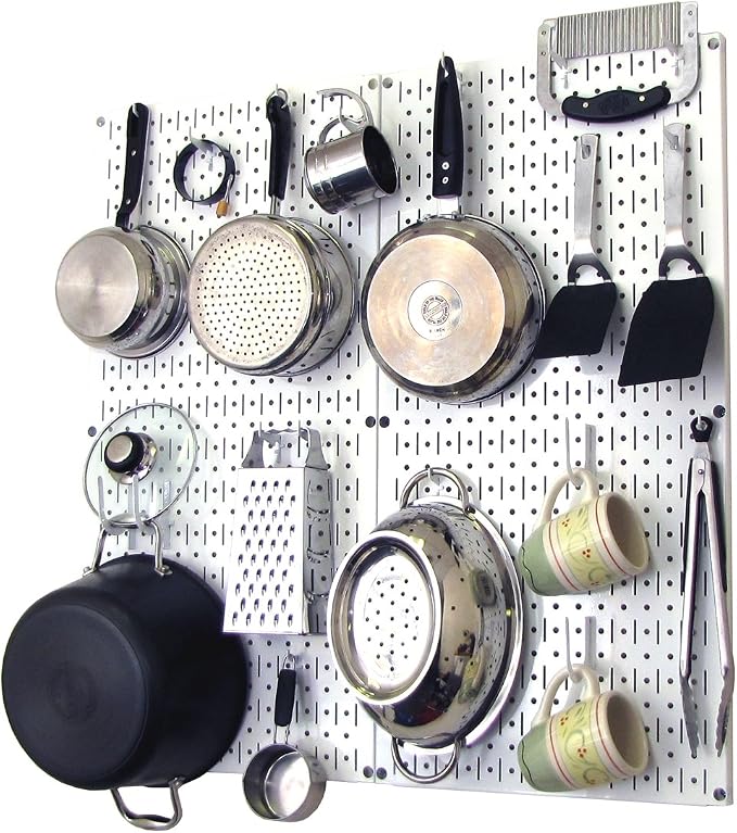 Wall Control Kitchen Pegboard Organizer Pots and Pans Storage Rack Organization Kit with White Pegboard and White Accessories by Wall+Control