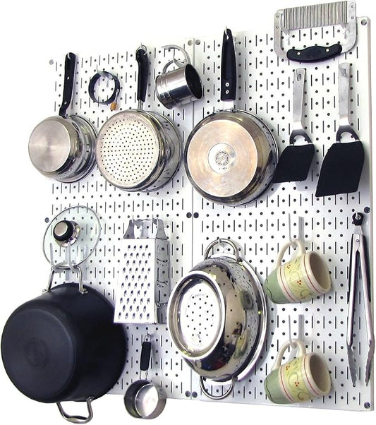 Wall Control Kitchen Pegboard Organizer Pots and Pans Storage Rack Organization Kit with White Pegboard and White Accessories by Wall+Control